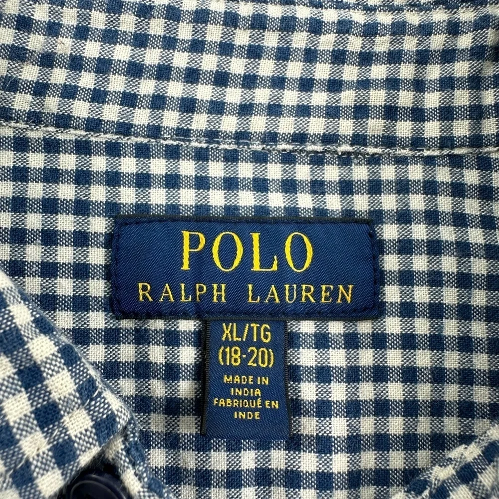 Polo Ralph Lauren Boys Button Down Shirt XL 18-20 Dark Blue White Check Cotton